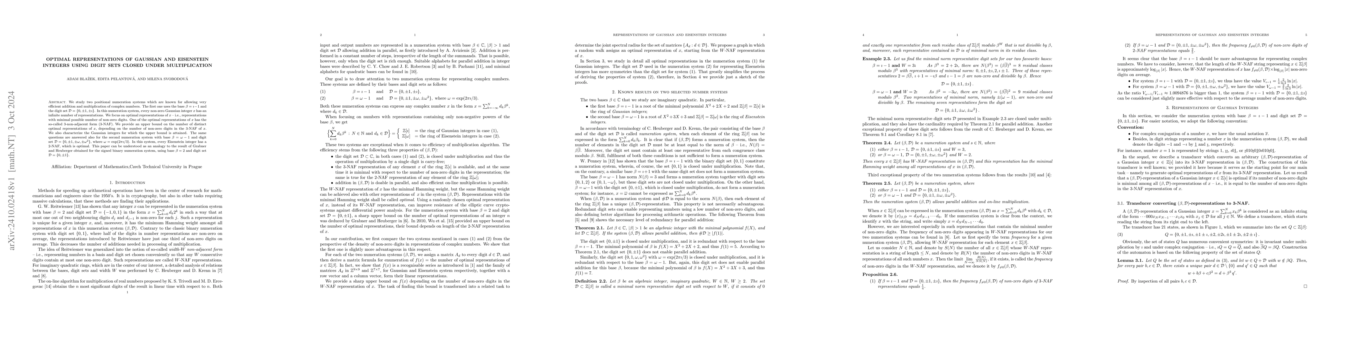 Thumbnail for Optimal Representations of Gaussian and Eisenstein Integers using digit
  sets closed under multiplication