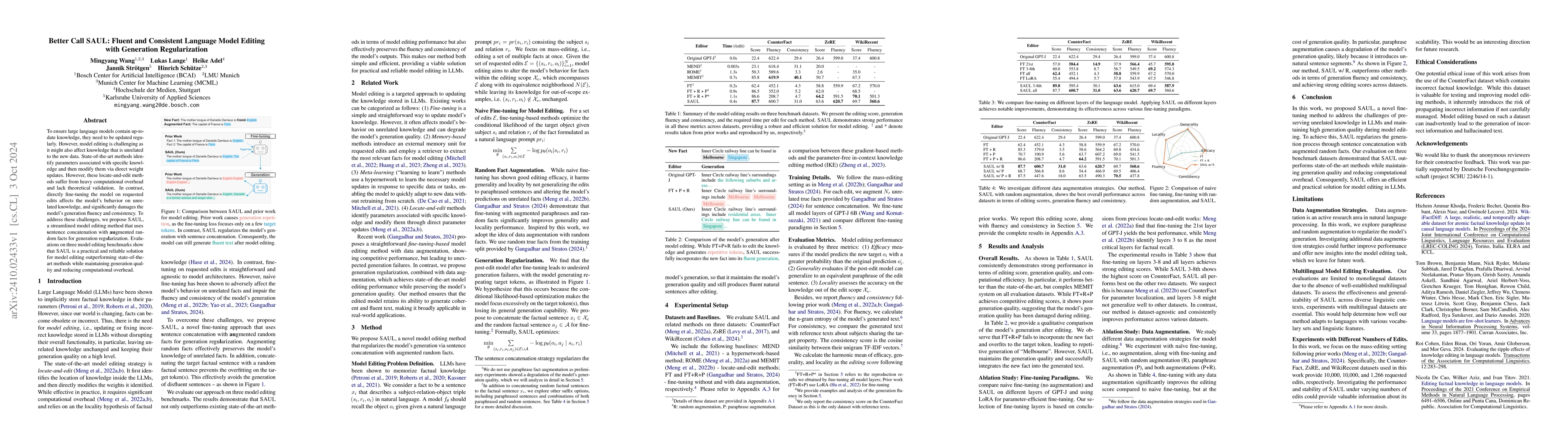Thumbnail for Better Call SAUL: Fluent and Consistent Language Model Editing with
  Generation Regularization