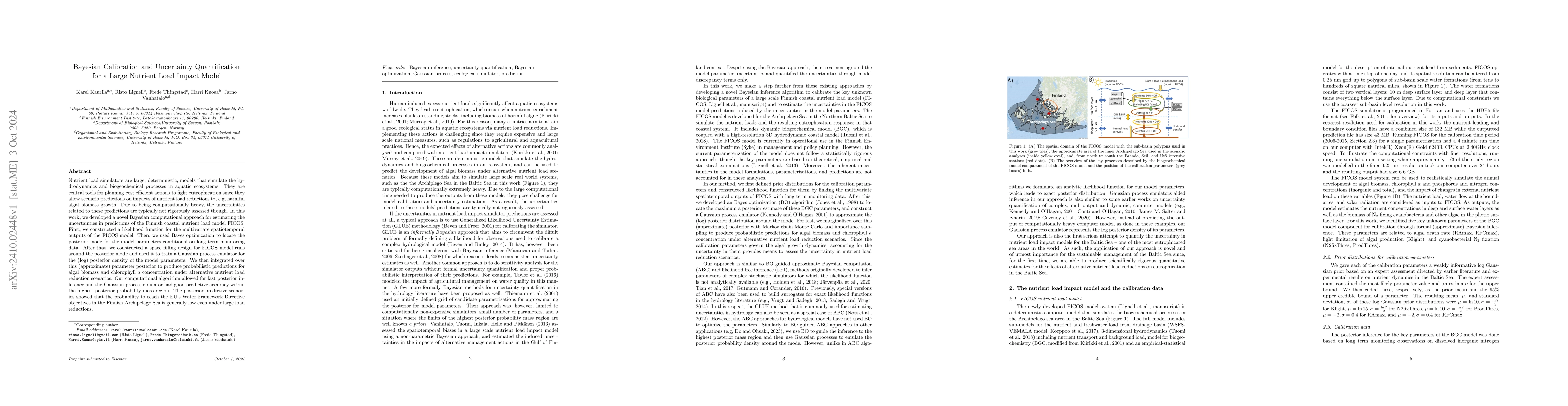 Thumbnail for Bayesian Calibration and Uncertainty Quantification for a Large Nutrient
  Load Impact Model