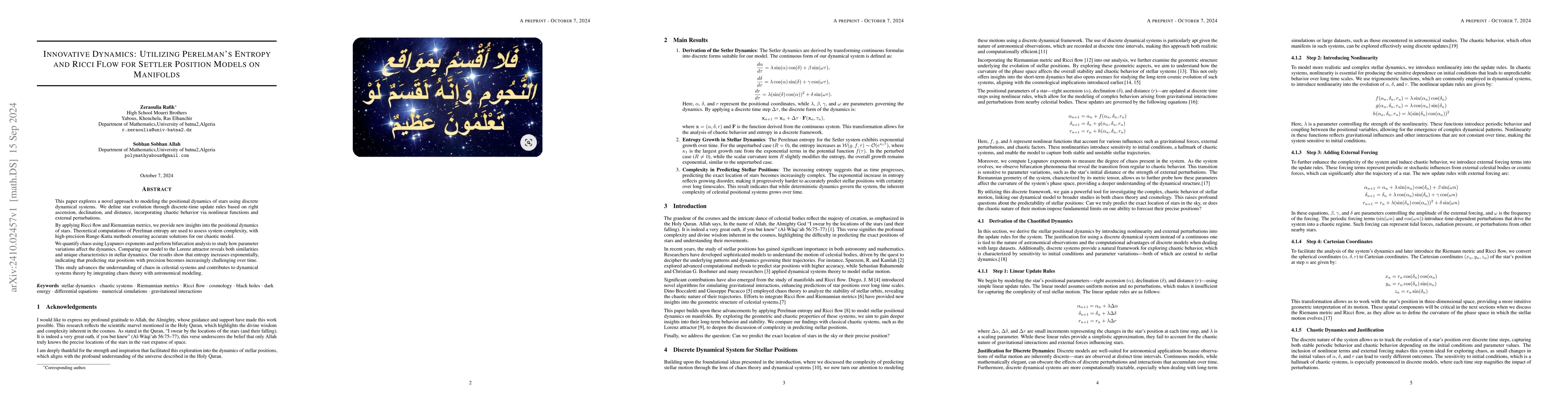 Thumbnail for Innovative Dynamics: Utilizing Perelman's Entropy and Ricci Flow for
  Settler Position Models on Manifolds