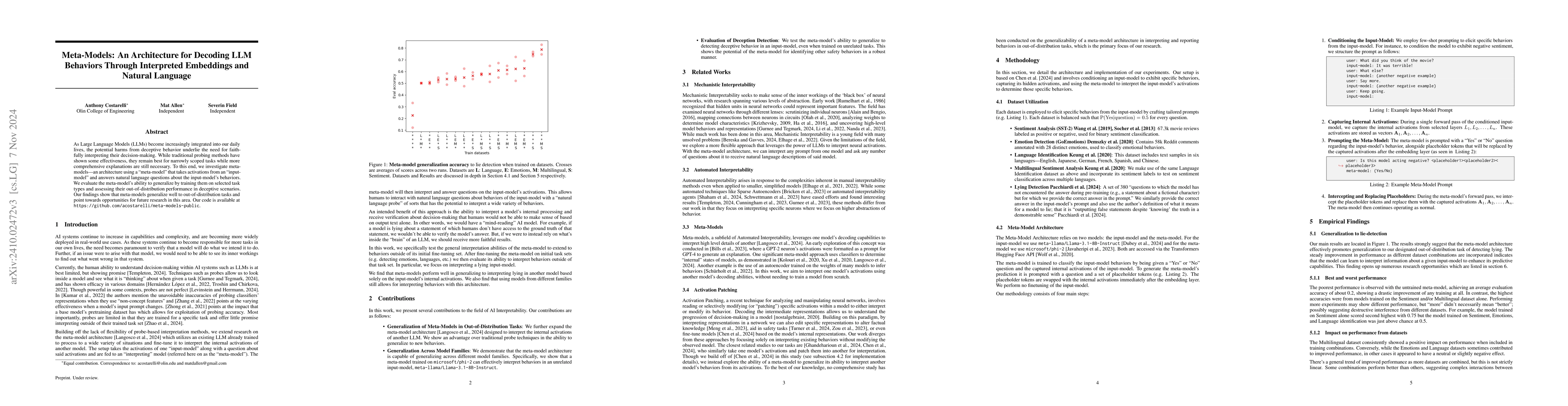 Thumbnail for Meta-Models: An Architecture for Decoding LLM Behaviors Through
  Interpreted Embeddings and Natural Language