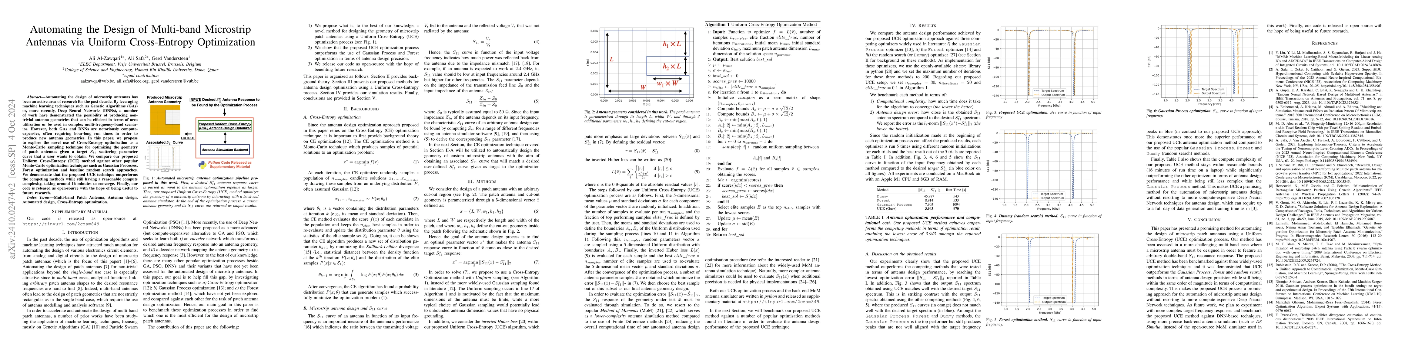 Thumbnail for Automating the Design of Multi-band Microstrip Antennas via Uniform
  Cross-Entropy Optimization