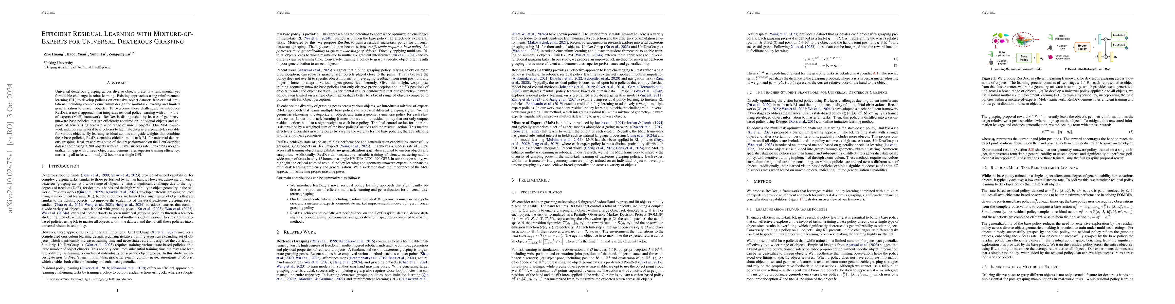 Thumbnail for Efficient Residual Learning with Mixture-of-Experts for Universal
  Dexterous Grasping