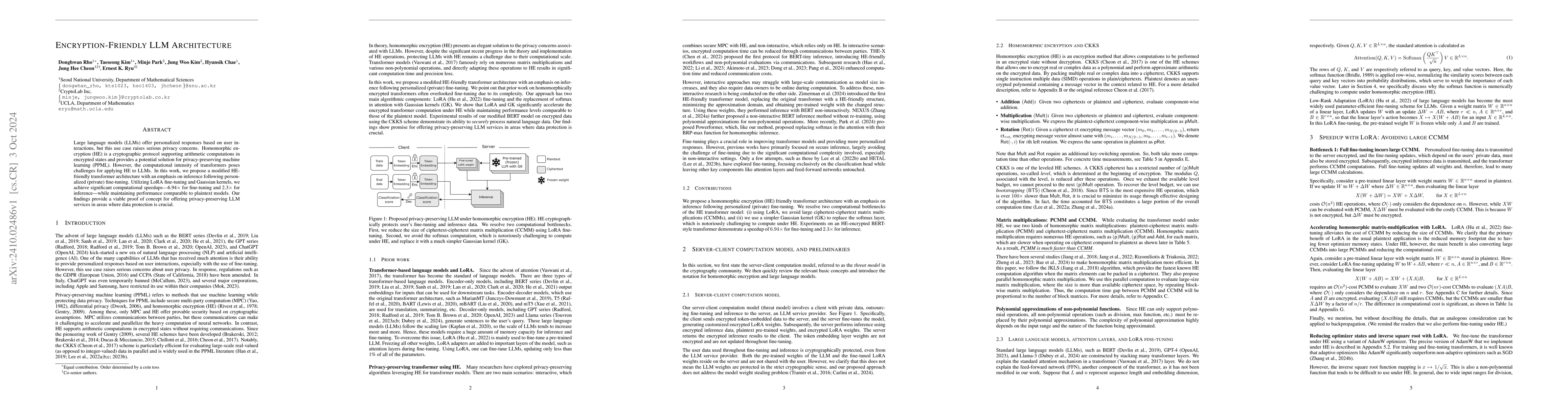 Thumbnail for Encryption-Friendly LLM Architecture