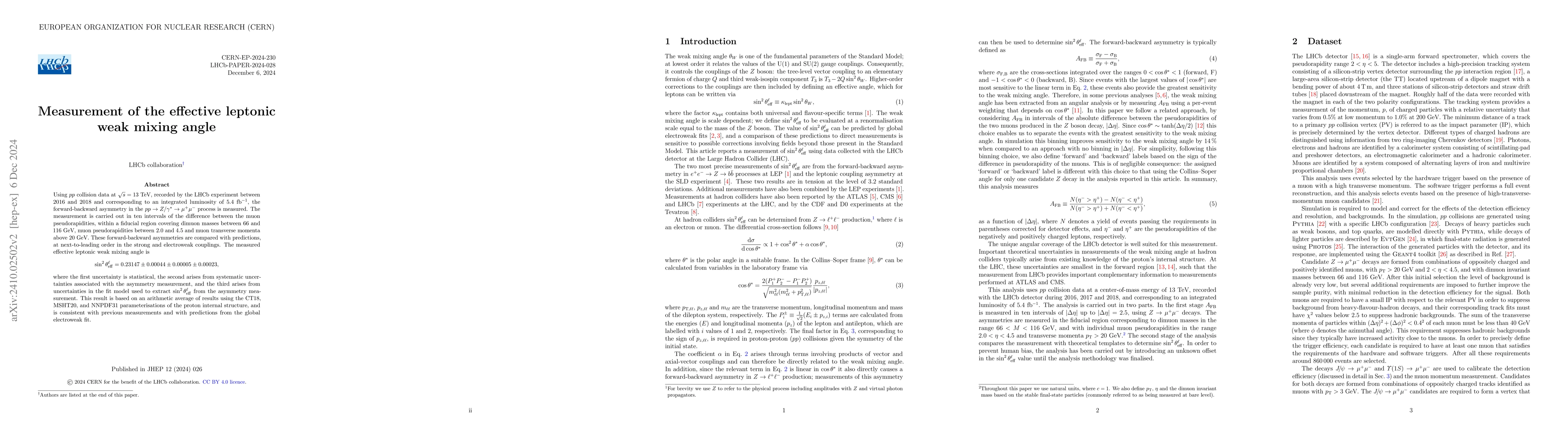 Thumbnail for Measurement of the effective leptonic weak mixing angle
