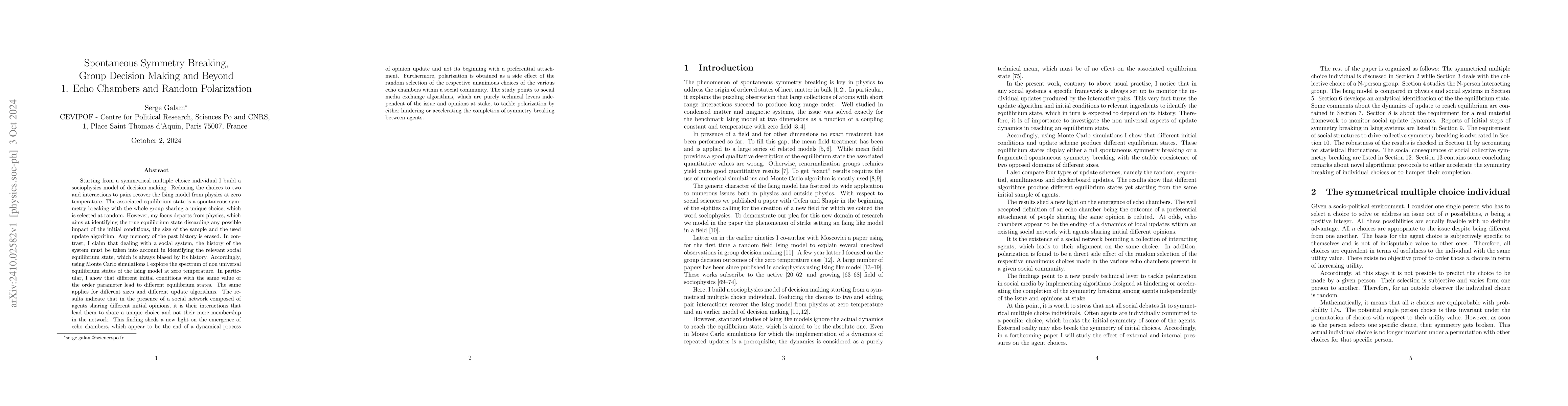 Thumbnail for Spontaneous Symmetry Breaking, Group Decision Making and Beyond 1. Echo
  Chambers and Random Polarization