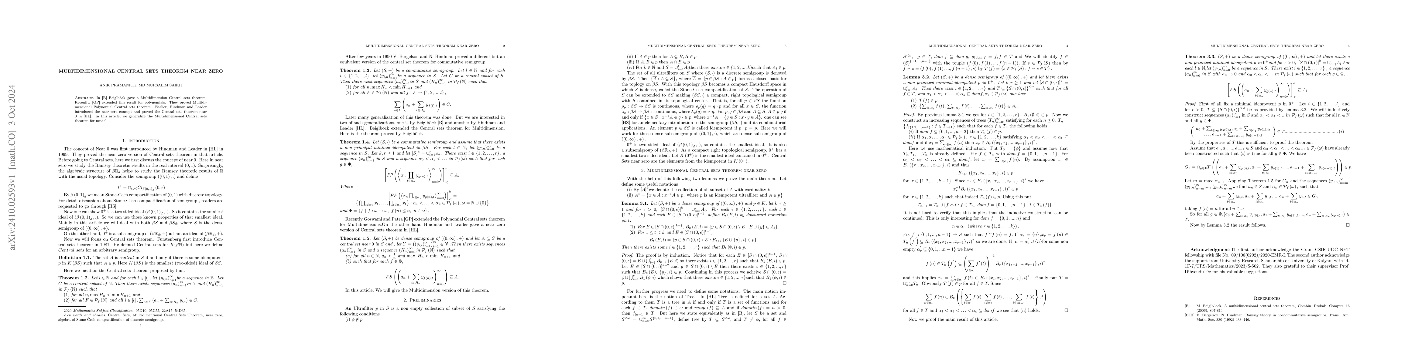 Thumbnail for Multidimensional central sets theorem near zero