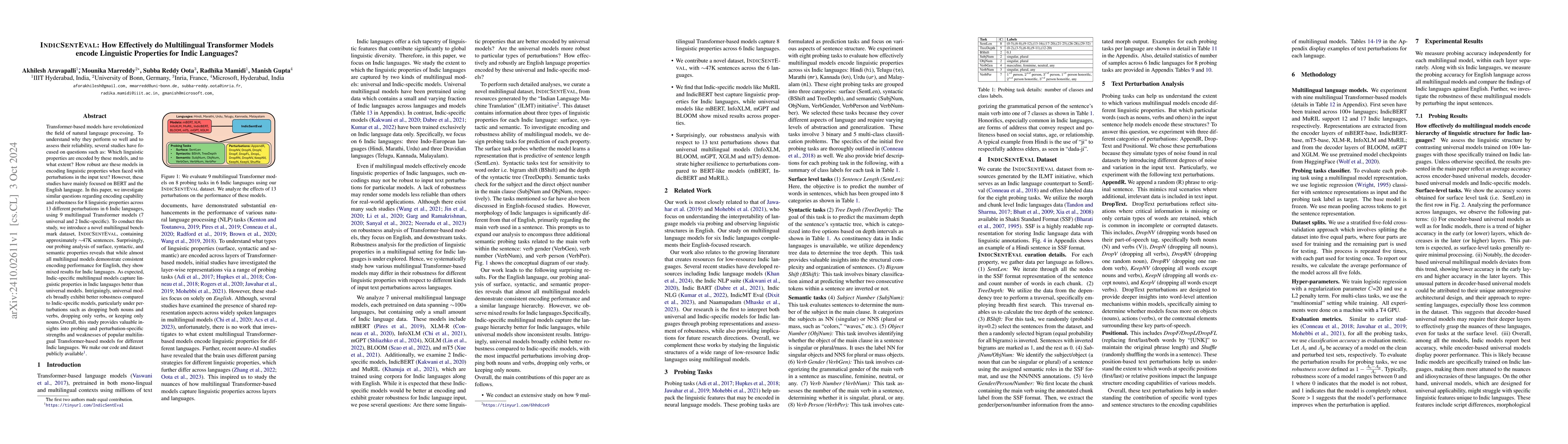 Thumbnail for IndicSentEval: How Effectively do Multilingual Transformer Models encode
  Linguistic Properties for Indic Languages?