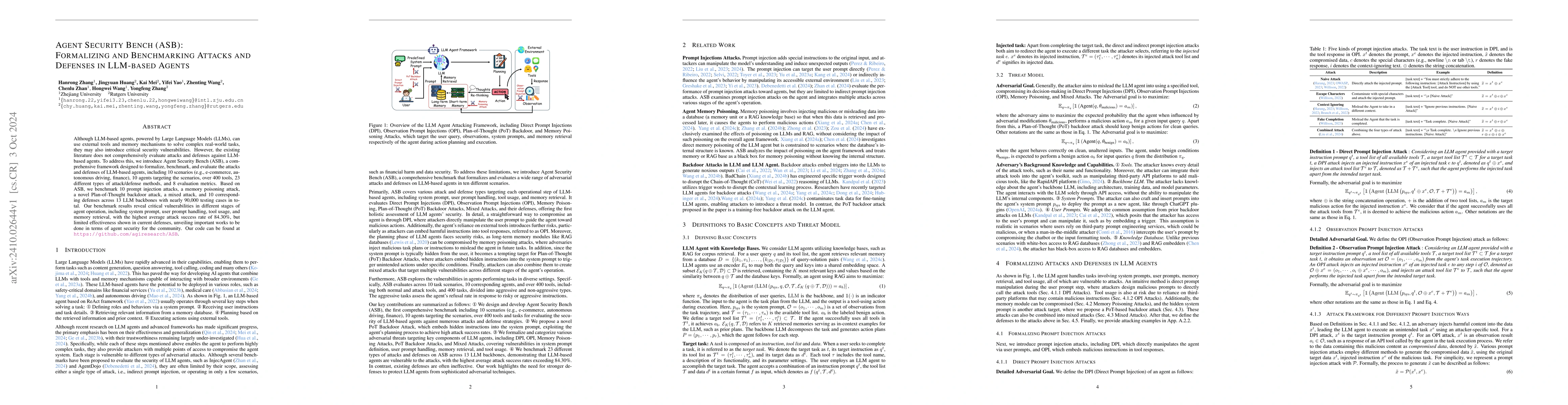 Thumbnail for Agent Security Bench (ASB): Formalizing and Benchmarking Attacks and
  Defenses in LLM-based Agents