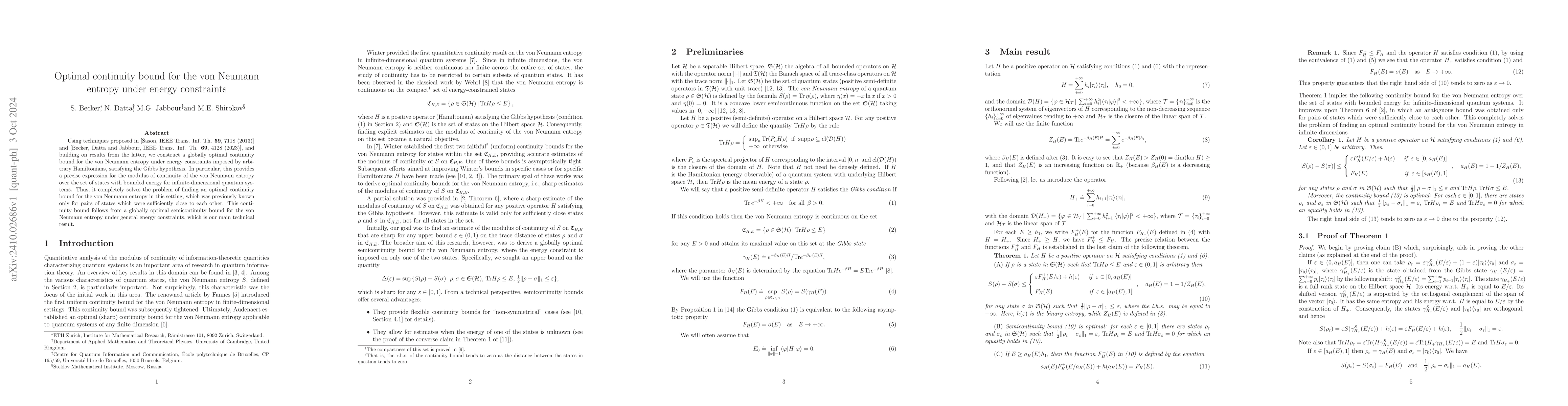 Thumbnail for Optimal continuity bound for the von Neumann entropy under energy
  constraints