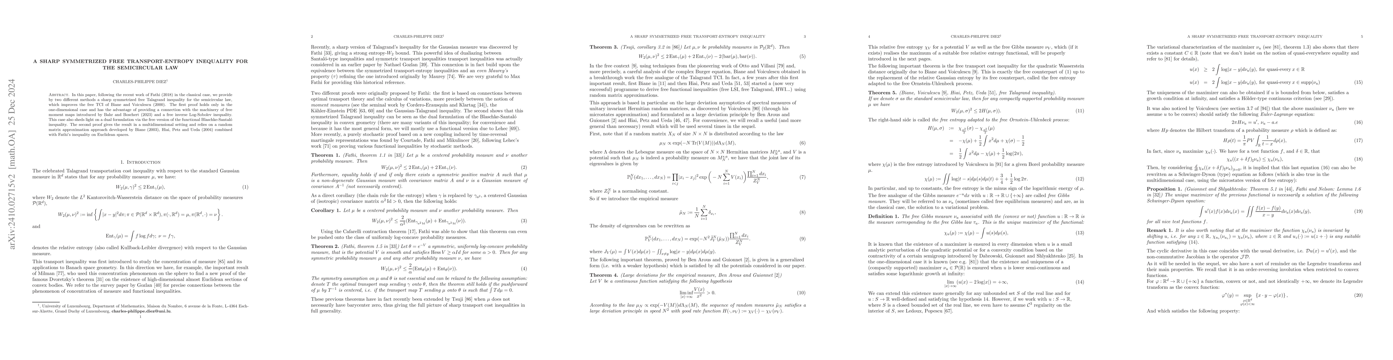 Thumbnail for A sharp symmetrized free transport-entropy inequality for the
  semicircular law