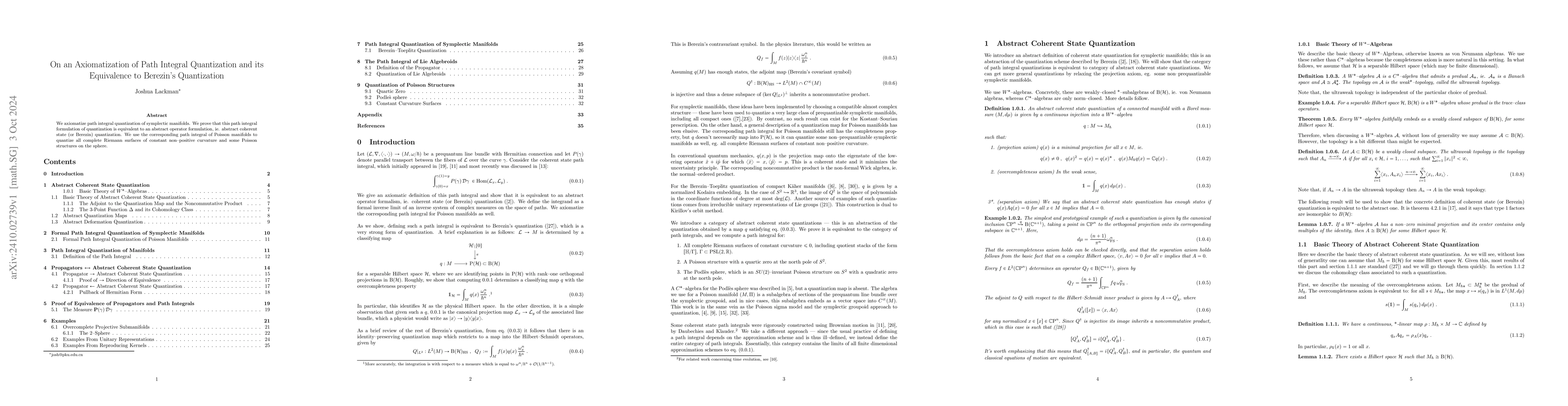 Thumbnail for On an Axiomatization of Path Integral Quantization and its Equivalence
  to Berezin's Quantization
