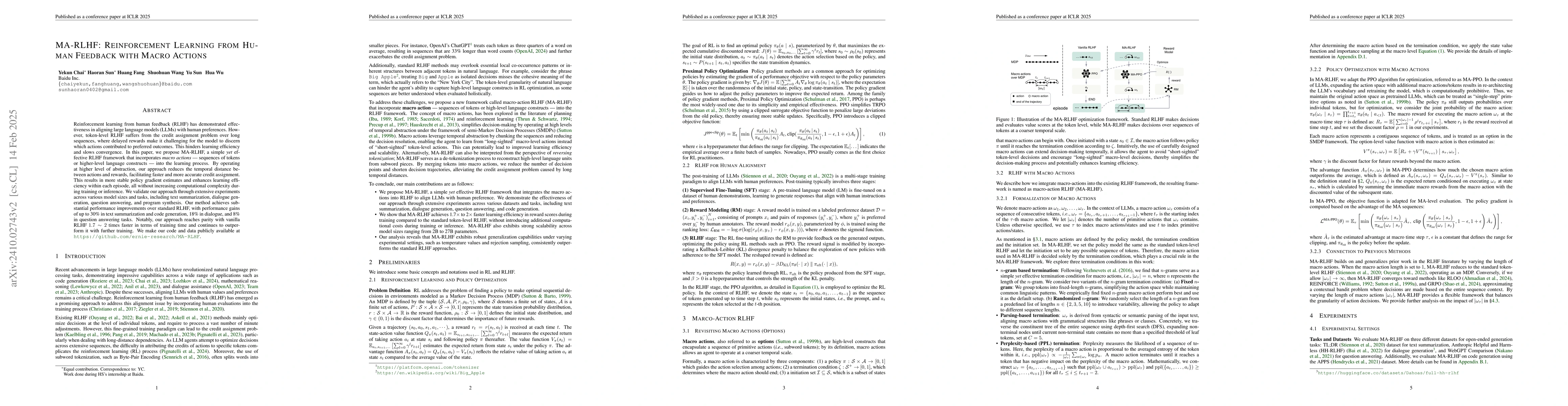 Thumbnail for MA-RLHF: Reinforcement Learning from Human Feedback with Macro Actions