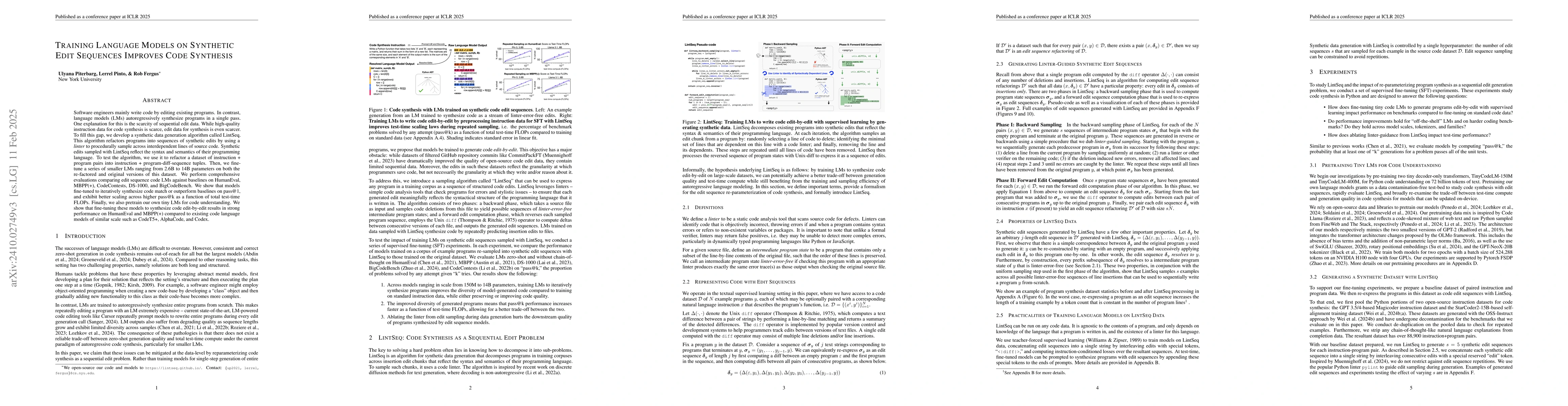 Thumbnail for Training Language Models on Synthetic Edit Sequences Improves Code
  Synthesis