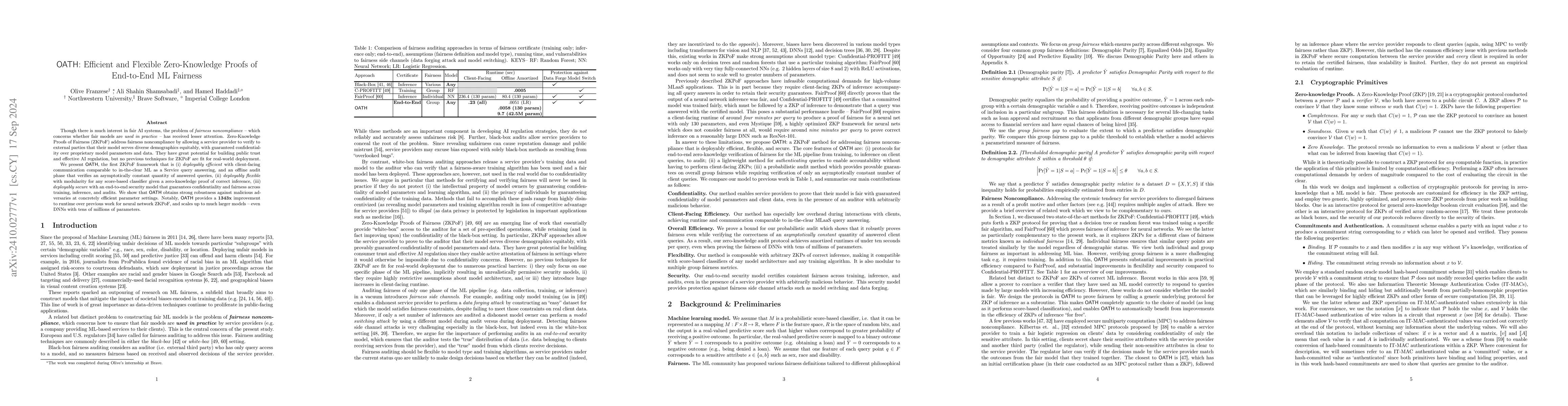Thumbnail for OATH: Efficient and Flexible Zero-Knowledge Proofs of End-to-End ML
  Fairness