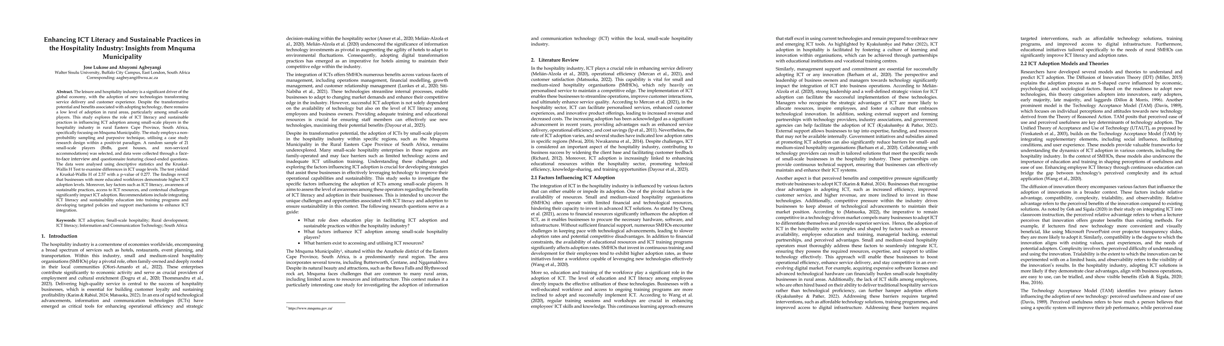 Thumbnail for Enhancing ICT Literacy and Sustainable Practices in the Hospitality
  Industry: Insights from Mnquma Municipality