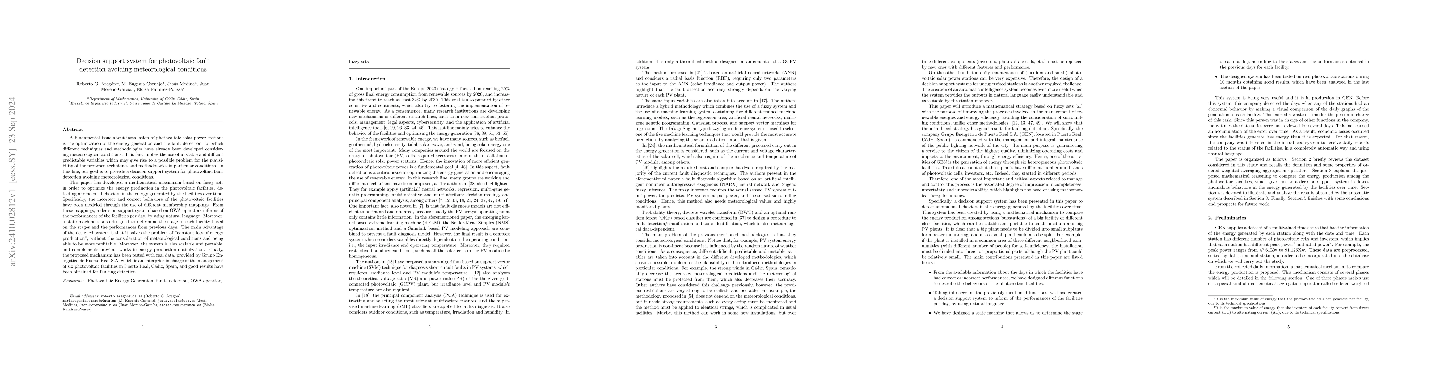 Thumbnail for Decision support system for photovoltaic fault detection avoiding
  meteorological conditions