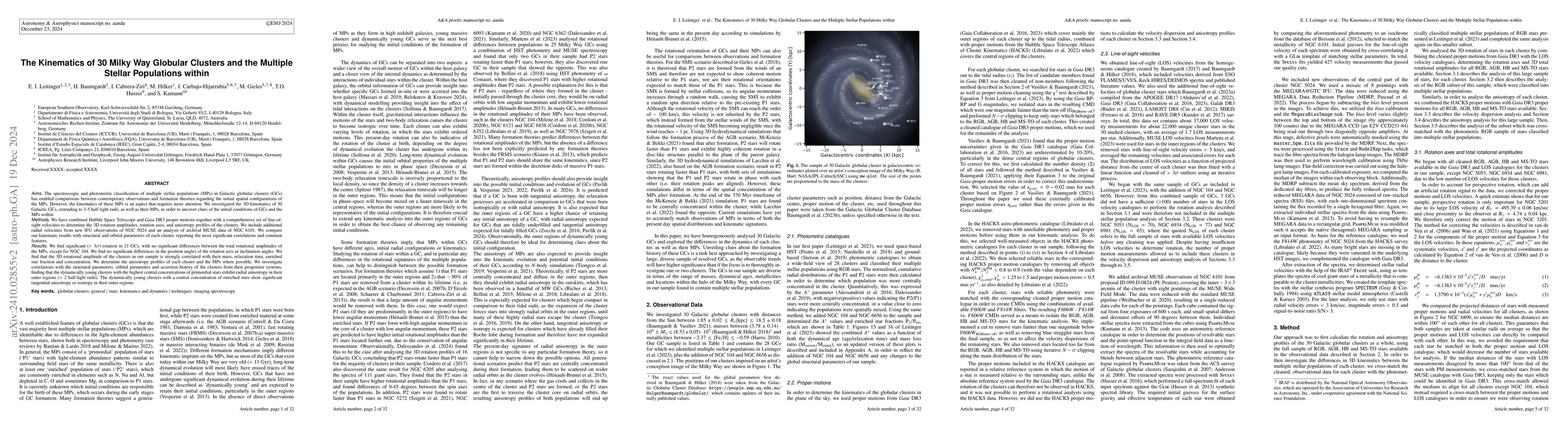 Thumbnail for The Kinematics of 30 Milky Way Globular Clusters and the Multiple
  Stellar Populations within