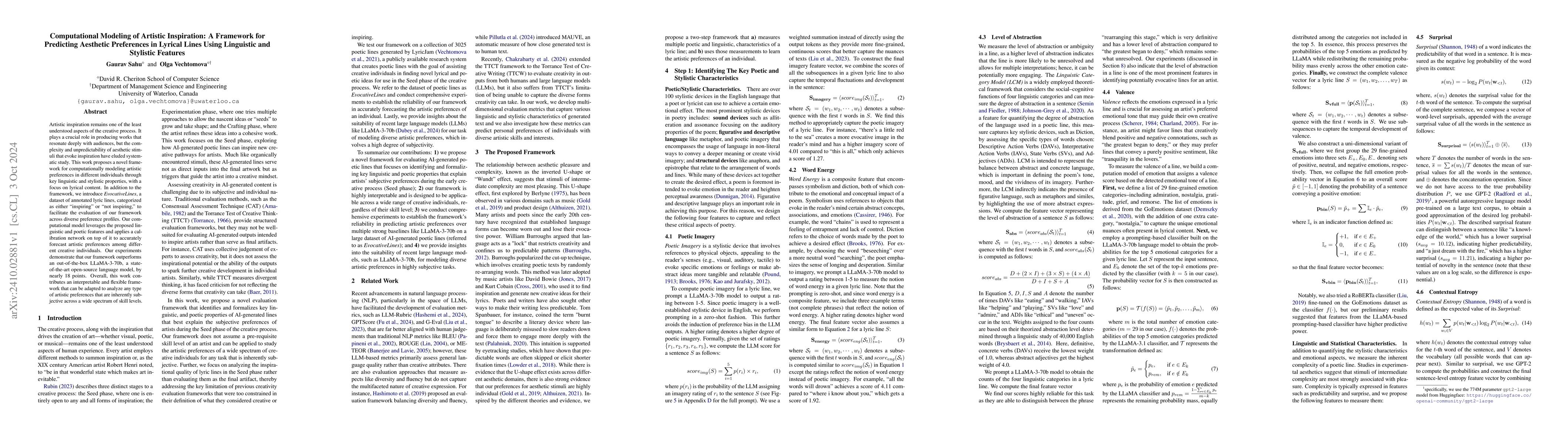Thumbnail for Computational Modeling of Artistic Inspiration: A Framework for
  Predicting Aesthetic Preferences in Lyrical Lines Using Linguistic and
  Stylistic Features