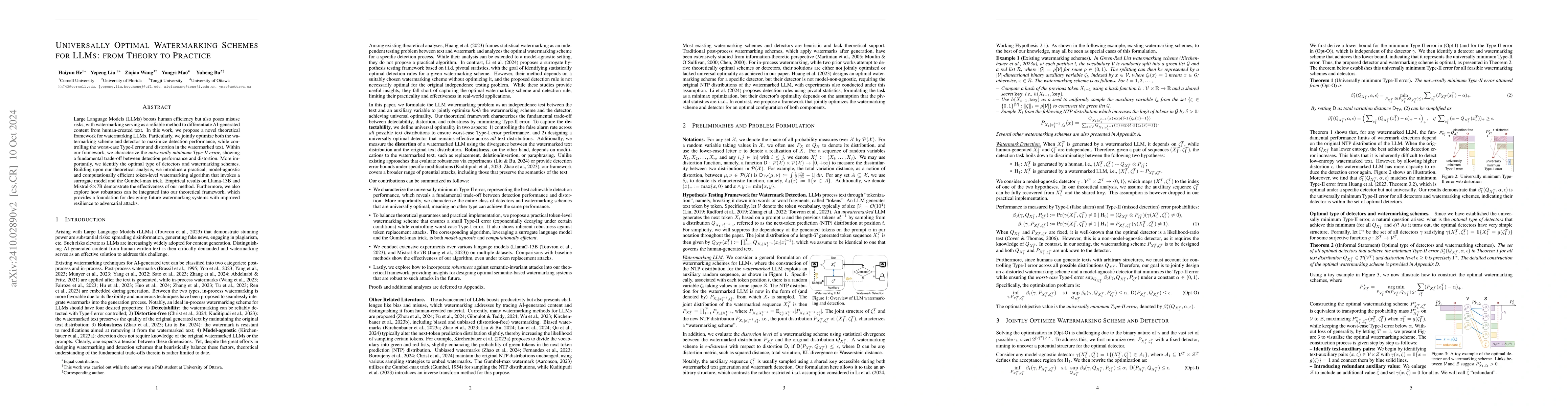 Thumbnail for Universally Optimal Watermarking Schemes for LLMs: from Theory to
  Practice