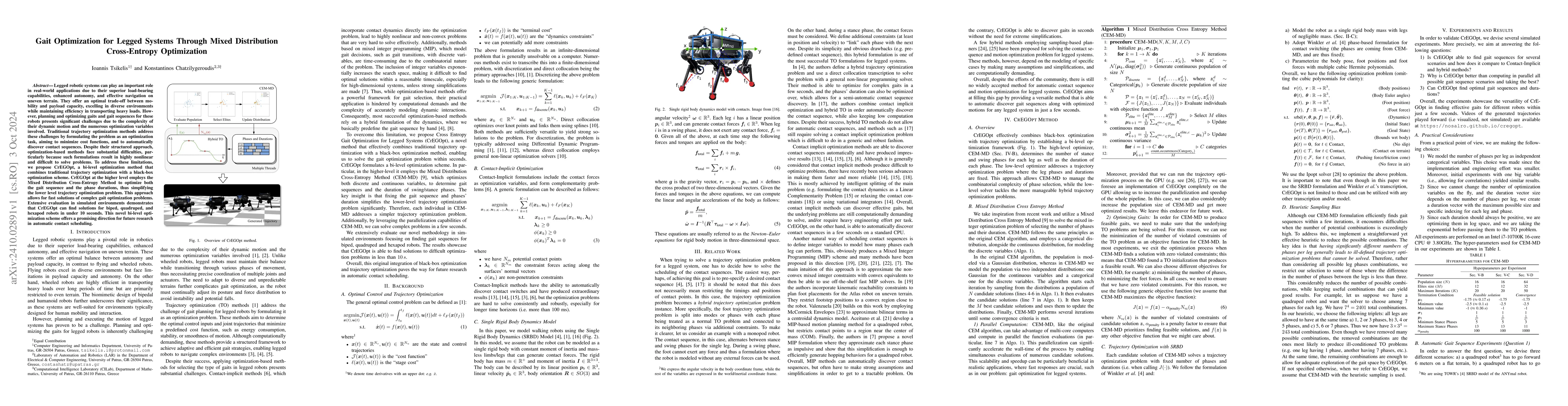 Thumbnail for Gait Optimization for Legged Systems Through Mixed Distribution
  Cross-Entropy Optimization