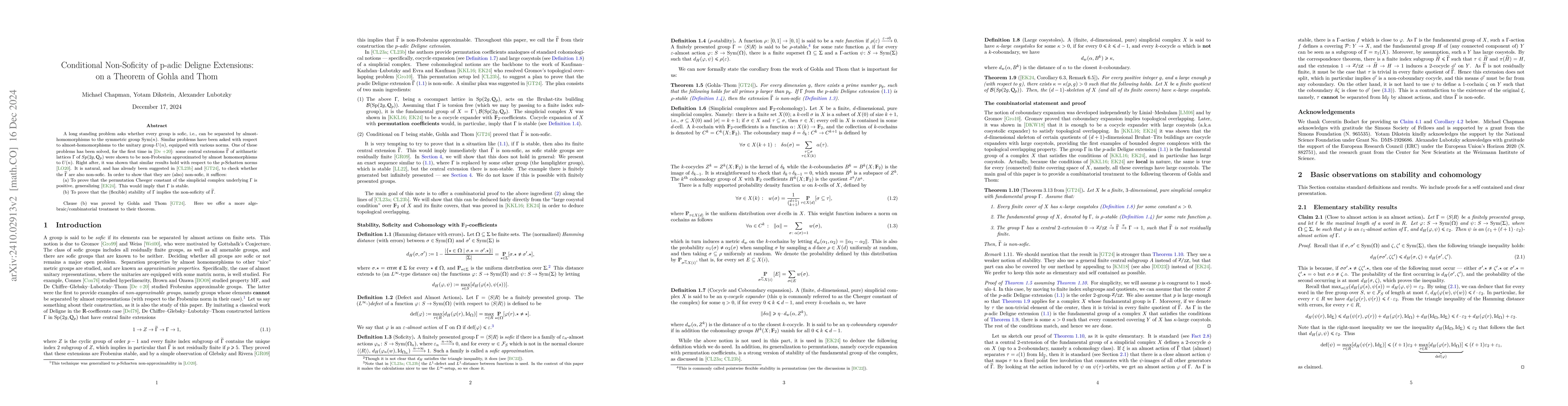 Thumbnail for Conditional Non-Soficity of p-adic Deligne Extensions: on a Theorem of
  Gohla and Thom