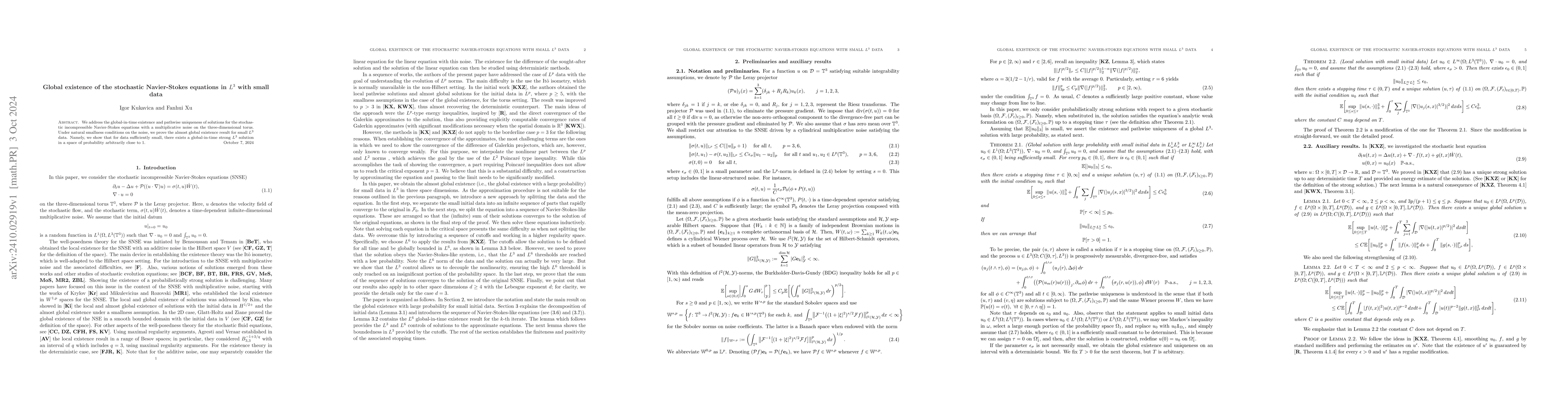 Thumbnail for Global existence of the stochastic Navier-Stokes equations in $L^3$ with
  small data