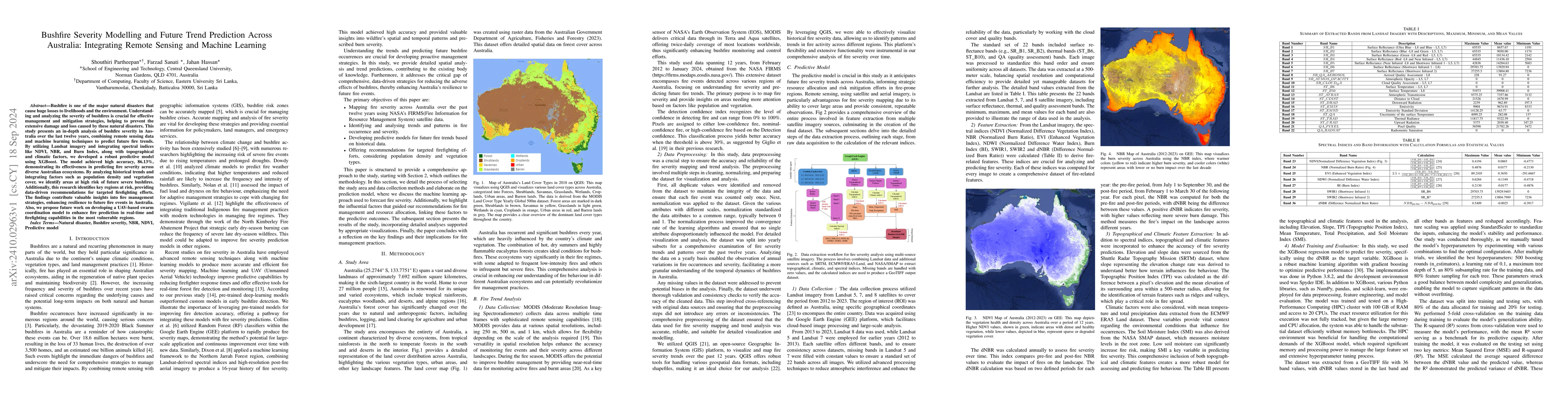 Thumbnail for Bushfire Severity Modelling and Future Trend Prediction Across
  Australia: Integrating Remote Sensing and Machine Learning