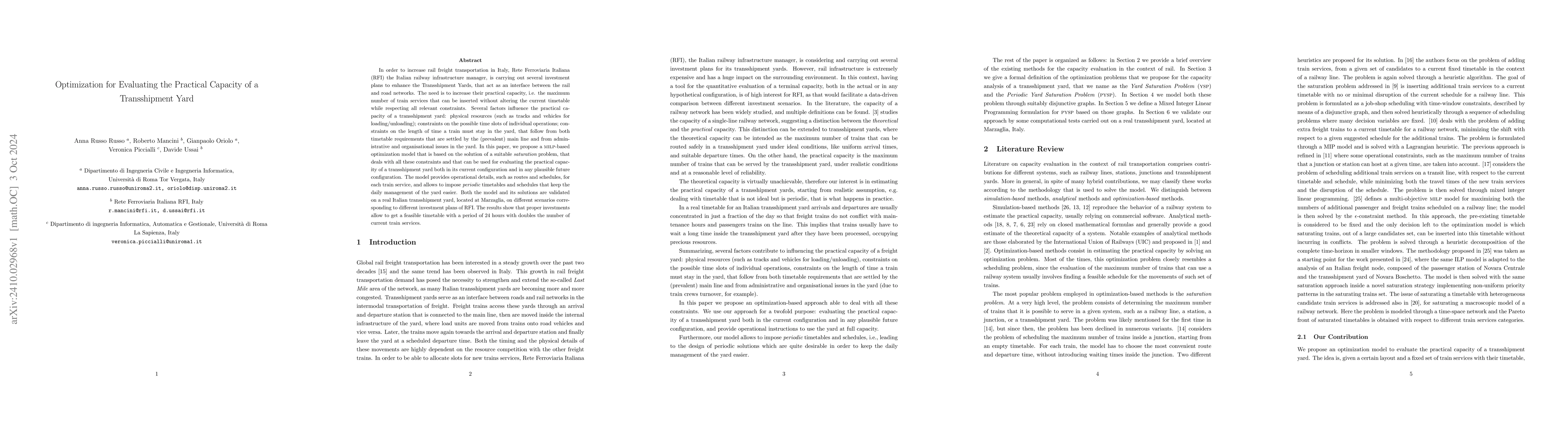 Thumbnail for Optimization for Evaluating the Practical Capacity of a Transshipment
  Yard