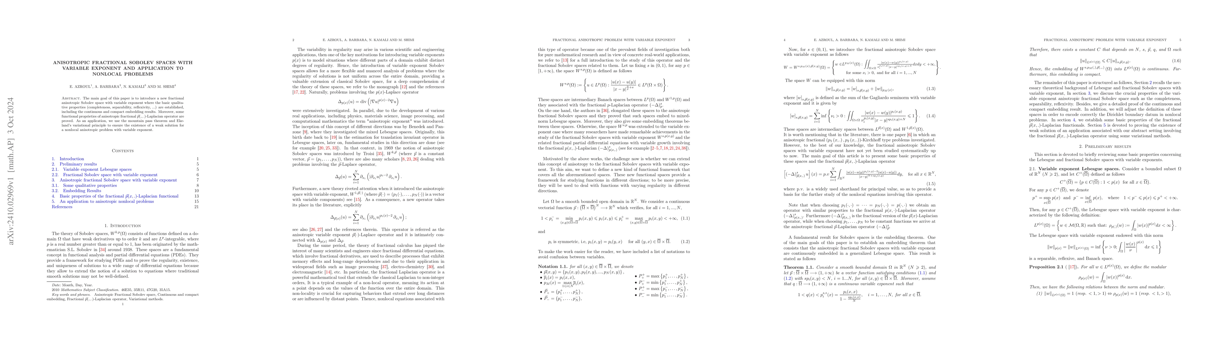 Thumbnail for Anisotropic fractional Sobolev spaces with variable exponent and
  application to nonlocal problems