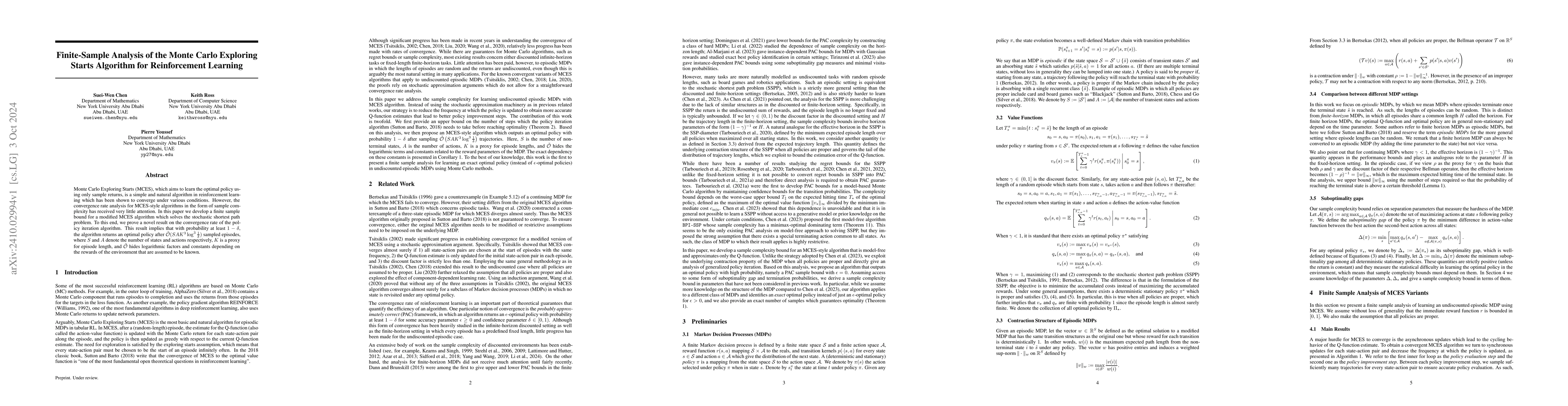 Thumbnail for Finite-Sample Analysis of the Monte Carlo Exploring Starts Algorithm for
  Reinforcement Learning