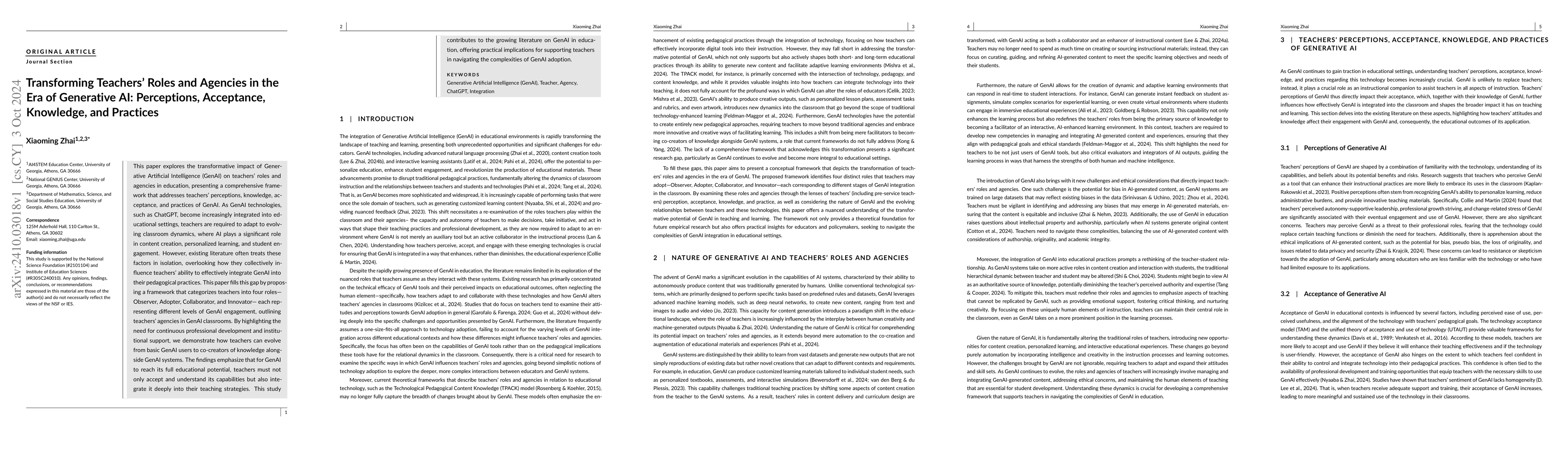 Thumbnail for Transforming Teachers' Roles and Agencies in the Era of Generative AI:
  Perceptions, Acceptance, Knowledge, and Practices