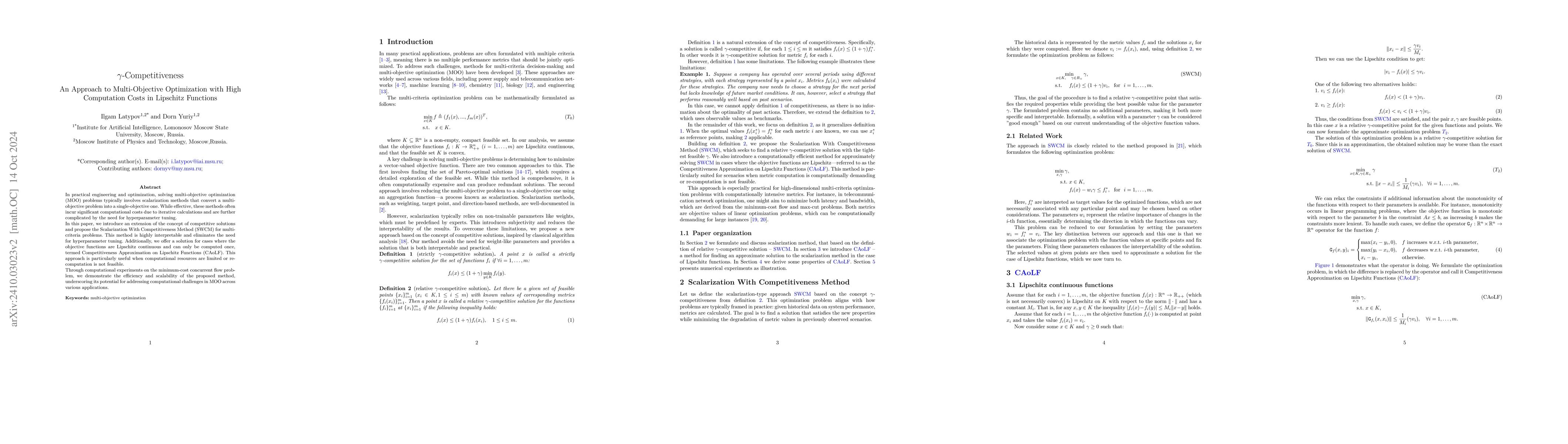 Thumbnail for $γ$-Competitiveness: An Approach to Multi-Objective Optimization
  with High Computation Costs in Lipschitz Functions