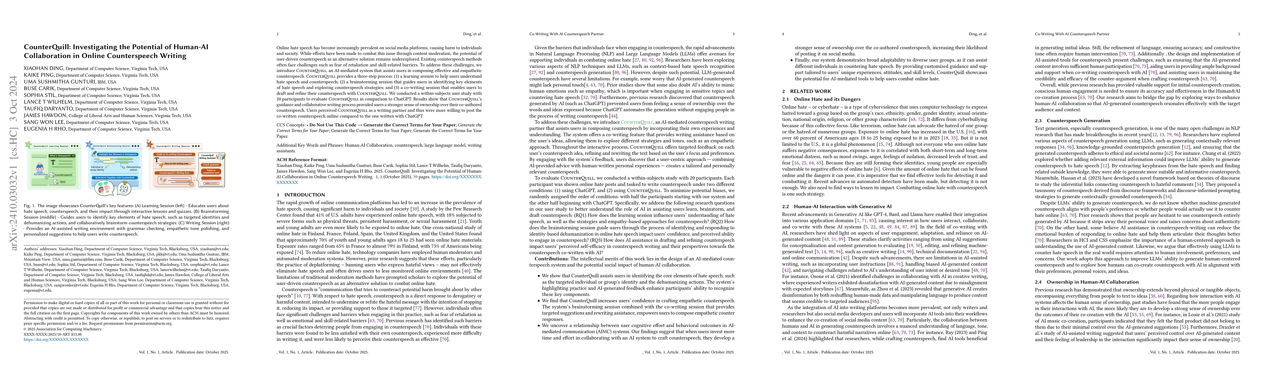 Thumbnail for CounterQuill: Investigating the Potential of Human-AI Collaboration in
  Online Counterspeech Writing