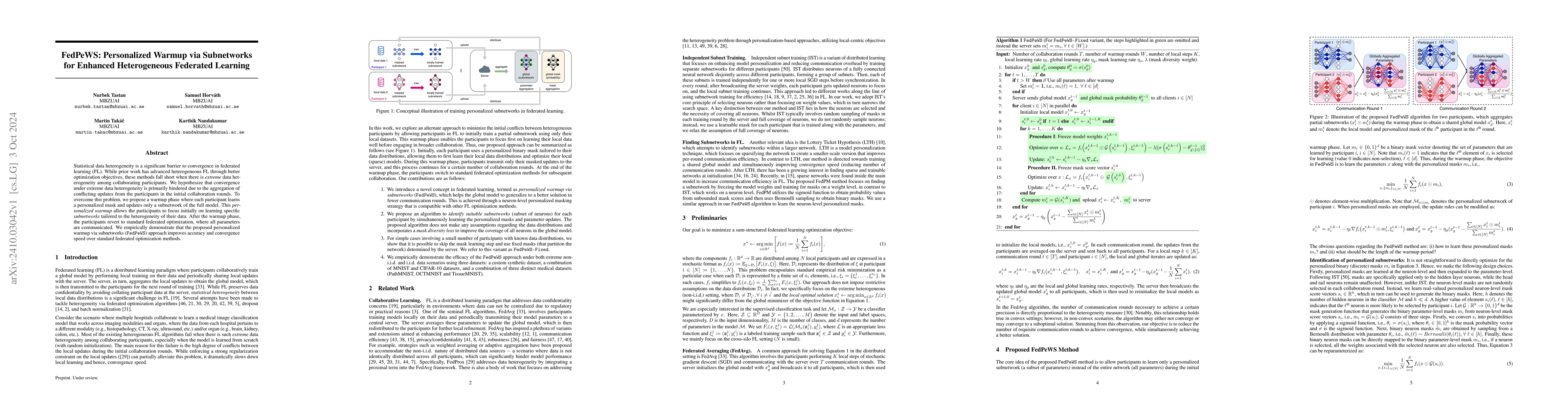 Thumbnail for FedPeWS: Personalized Warmup via Subnetworks for Enhanced Heterogeneous
  Federated Learning