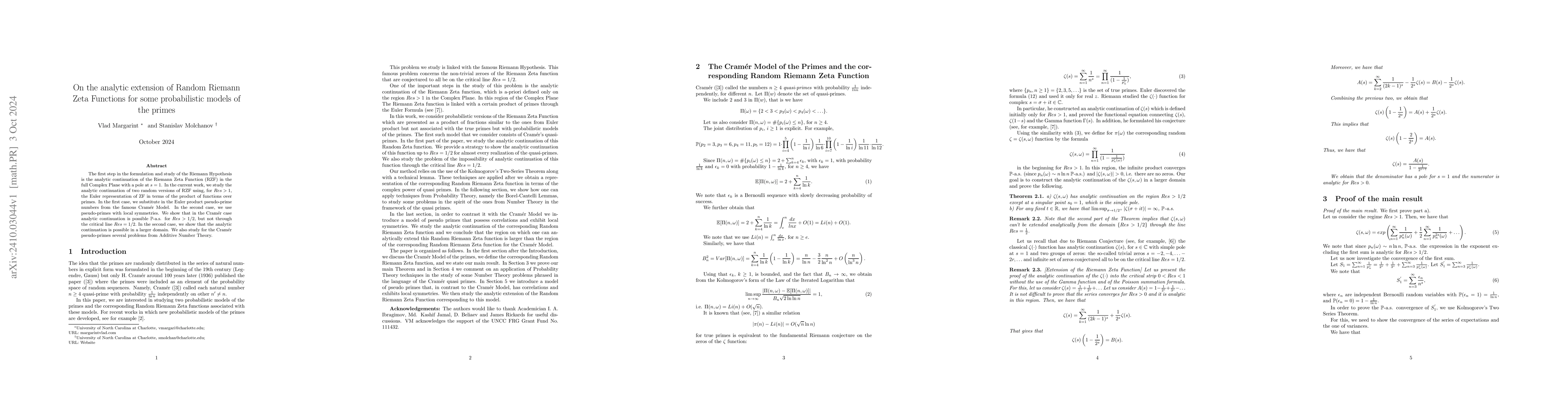 Thumbnail for On the analytic extension of Random Riemann Zeta Functions for some
  probabilistic models of the primes