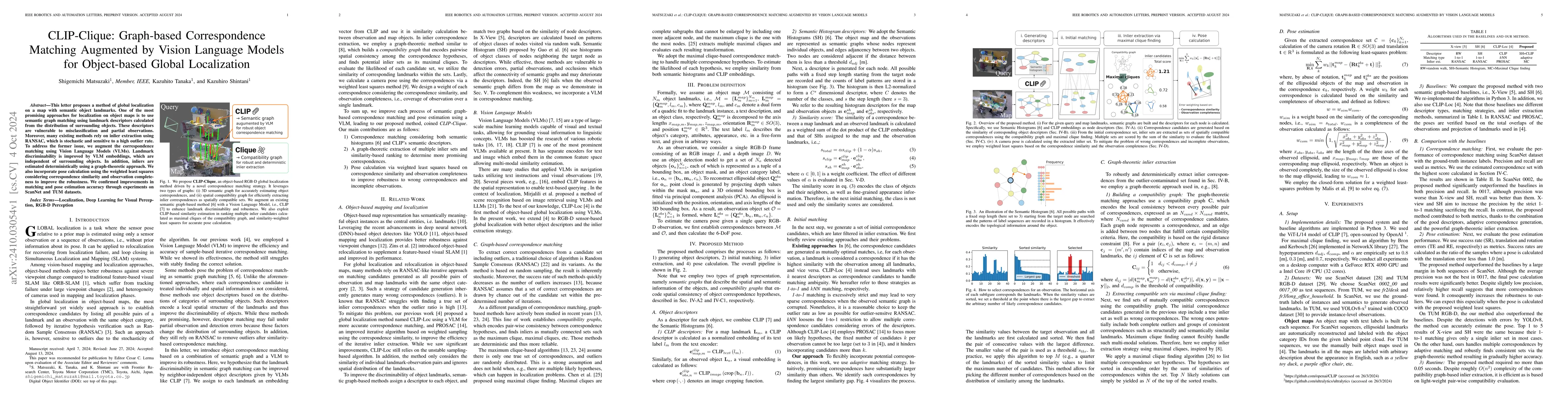 Thumbnail for CLIP-Clique: Graph-based Correspondence Matching Augmented by Vision
  Language Models for Object-based Global Localization