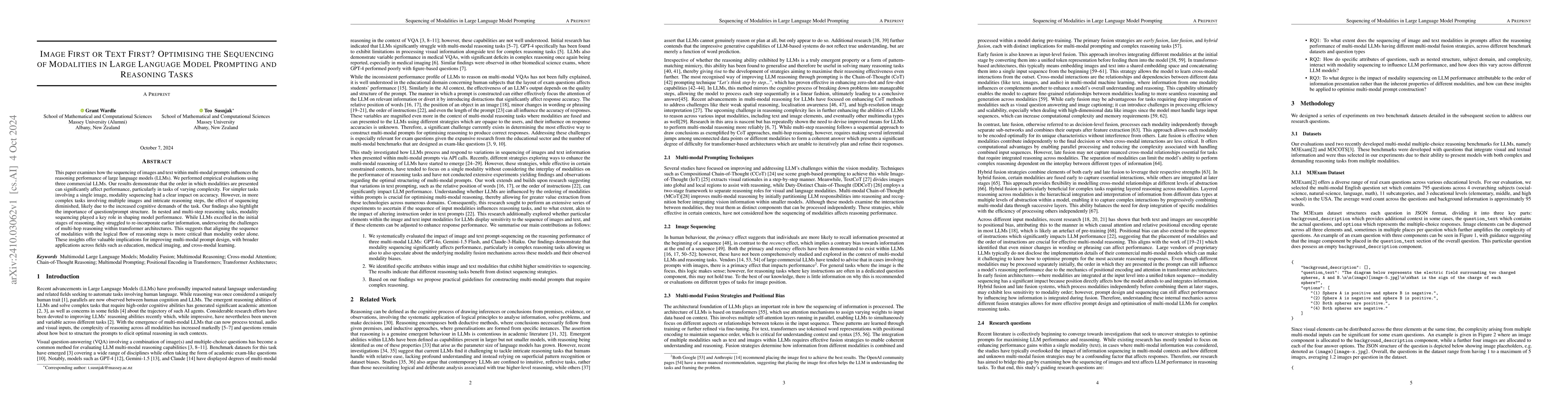 Thumbnail for Image First or Text First? Optimising the Sequencing of Modalities in
  Large Language Model Prompting and Reasoning Tasks