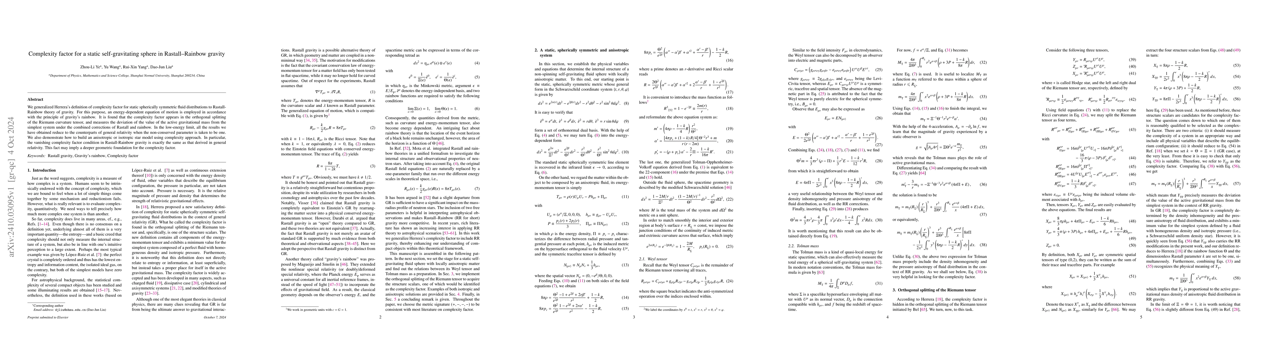 Thumbnail for Complexity factor for a static self-gravitating sphere in
  Rastall-Rainbow gravity