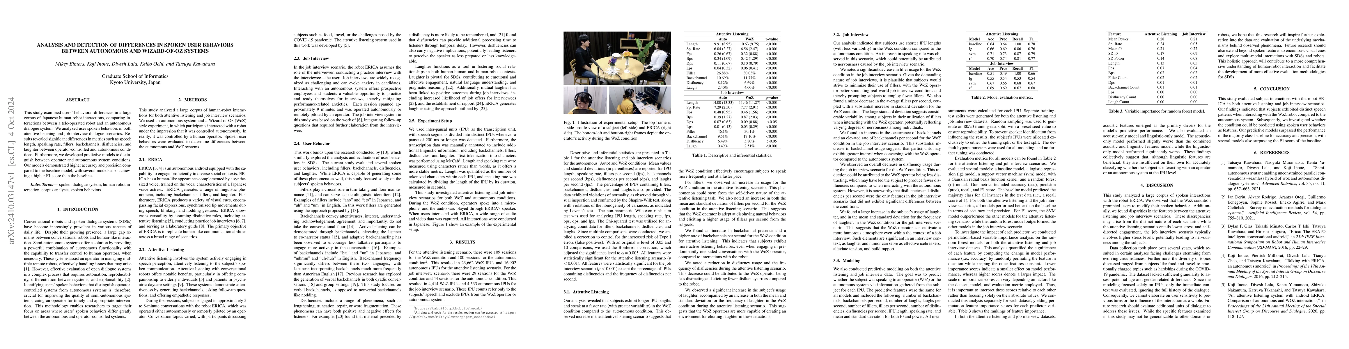 Thumbnail for Analysis and Detection of Differences in Spoken User Behaviors between
  Autonomous and Wizard-of-Oz Systems