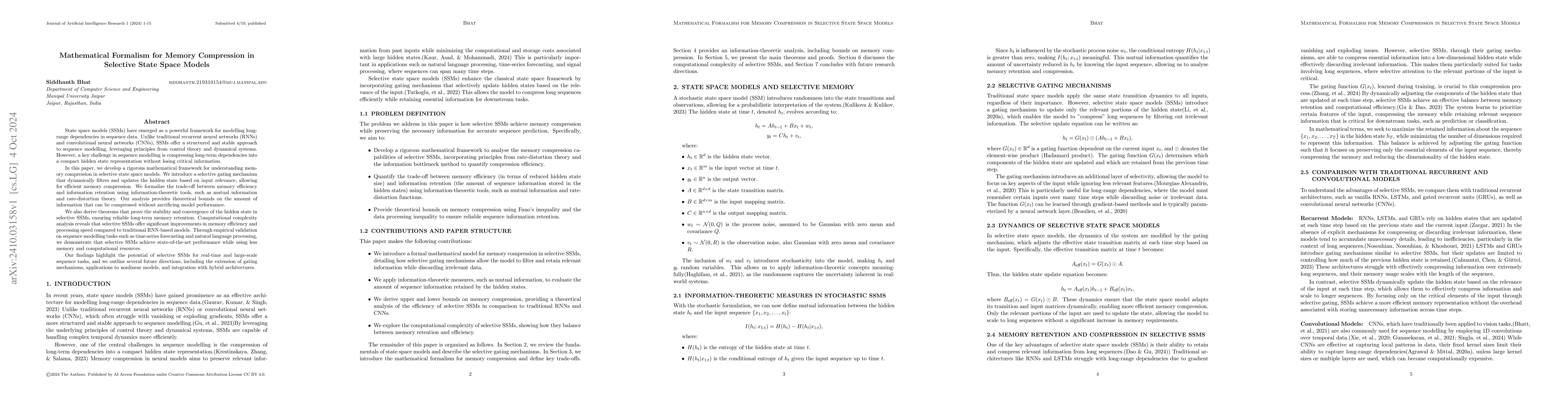 Thumbnail for Mathematical Formalism for Memory Compression in Selective State Space
  Models