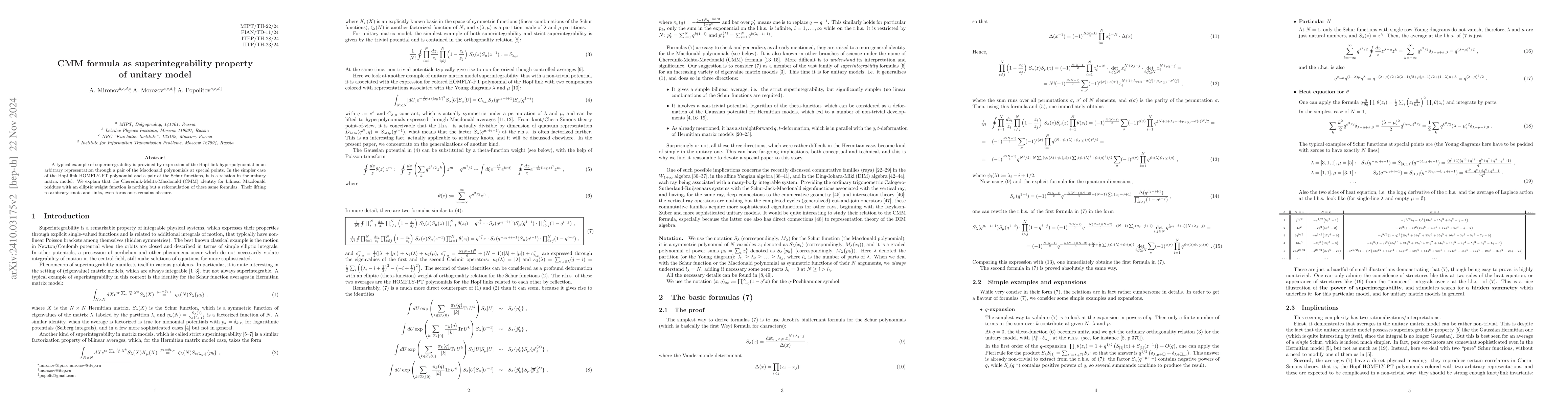 Thumbnail for CMM formula as superintegrability property of unitary model