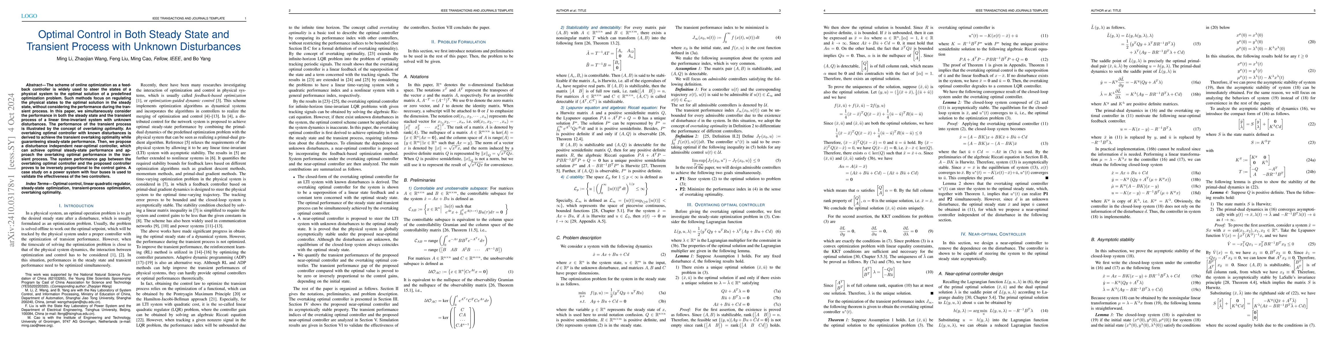 Thumbnail for Optimal Control in Both Steady State and Transient Process with Unknown
  Disturbances