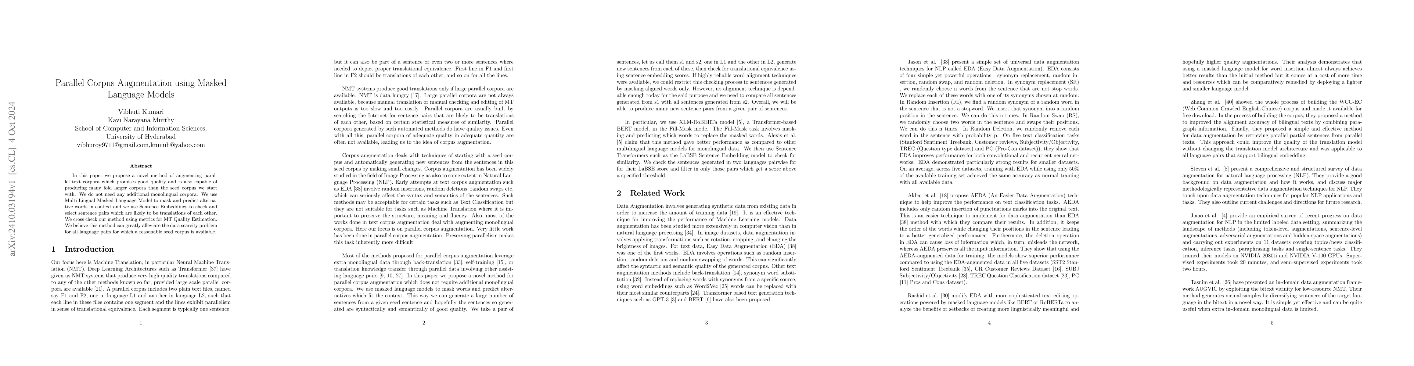 Thumbnail for Parallel Corpus Augmentation using Masked Language Models