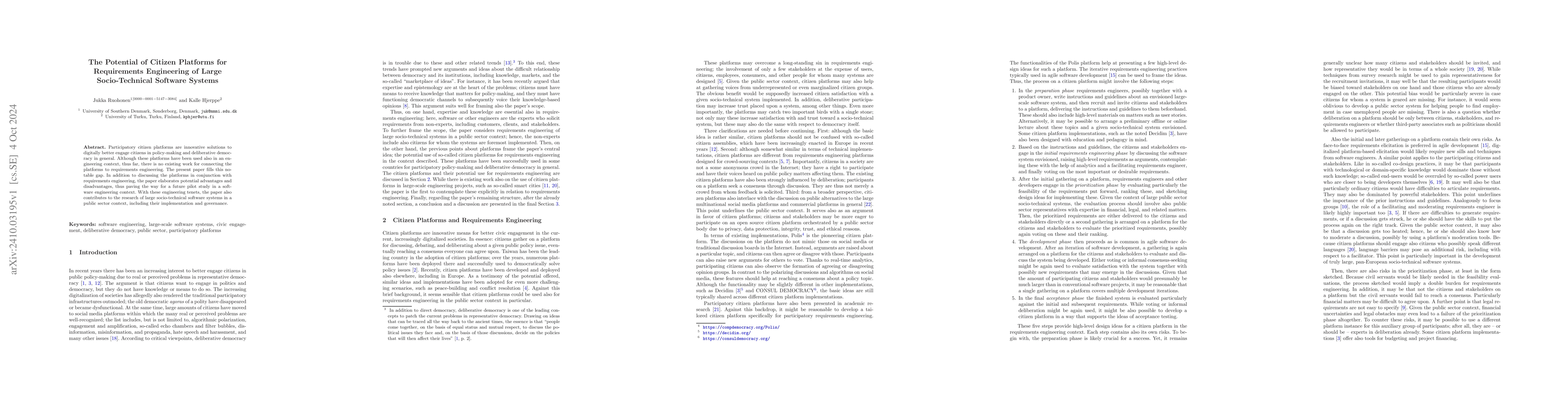 Thumbnail for The Potential of Citizen Platforms for Requirements Engineering of Large
  Socio-Technical Software Systems