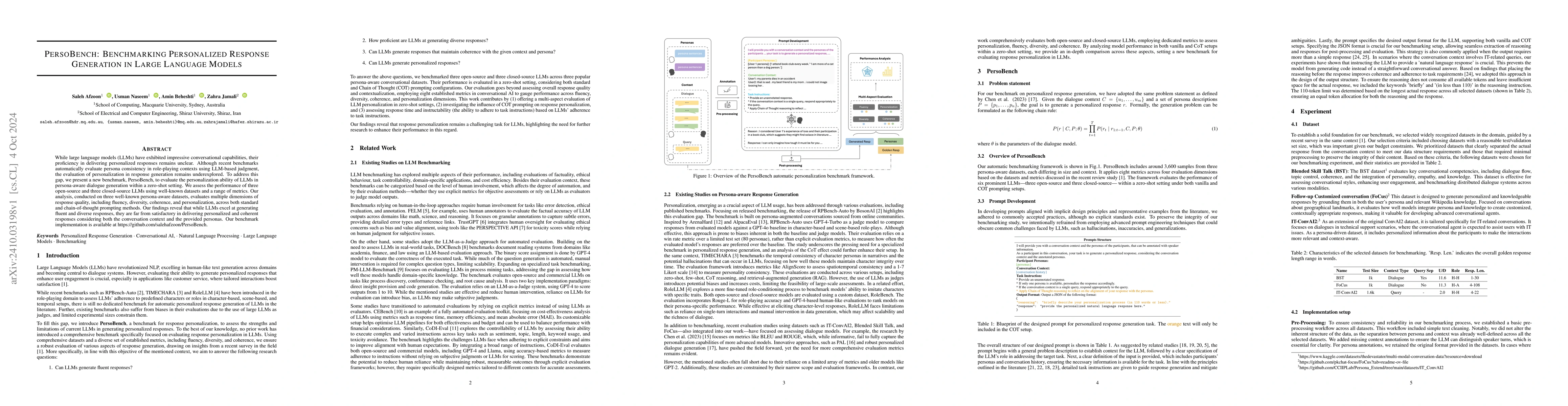 Thumbnail for PersoBench: Benchmarking Personalized Response Generation in Large
  Language Models