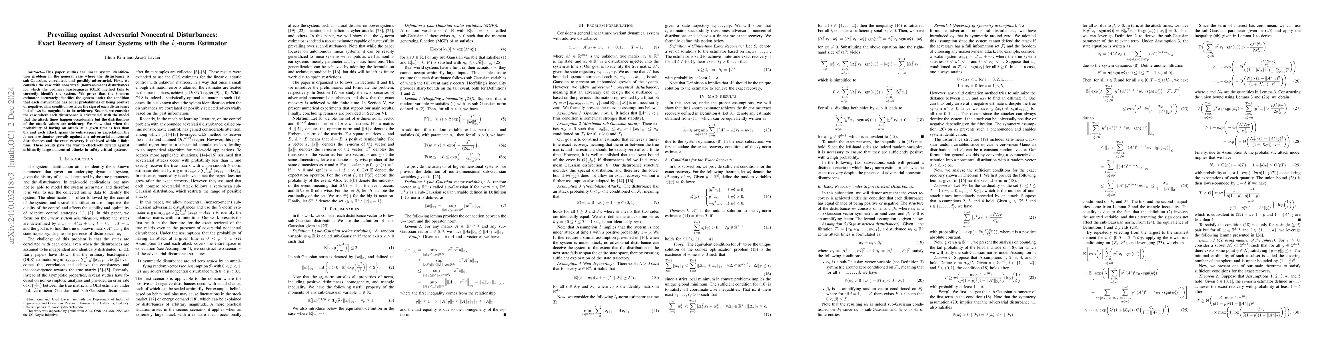 Thumbnail for Prevailing against Adversarial Noncentral Disturbances: Exact Recovery
  of Linear Systems with the $l_1$-norm Estimator