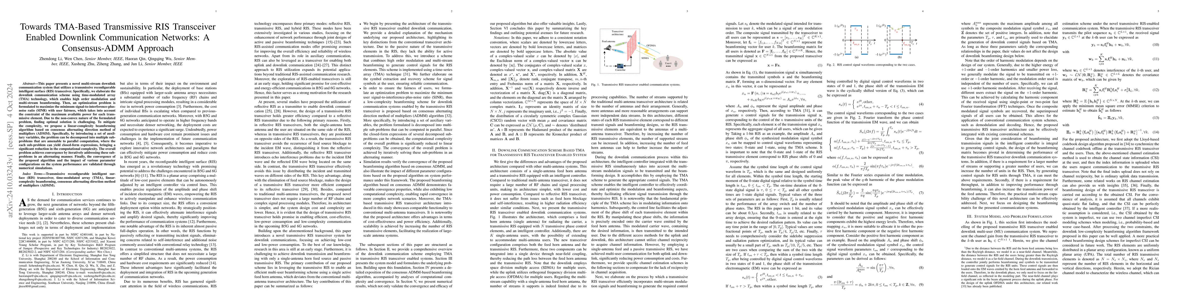 Thumbnail for Towards TMA-Based Transmissive RIS Transceiver Enabled Downlink
  Communication Networks: A Consensus-ADMM Approach