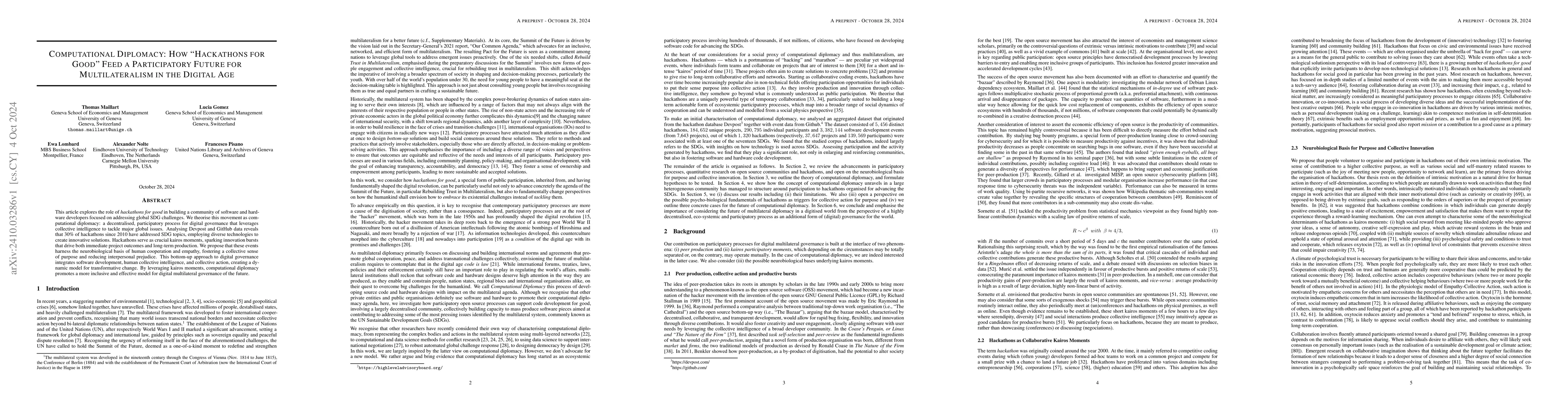 Thumbnail for Computational Diplomacy: How "hackathons for good" feed a participatory
  future for multilateralism in the digital age