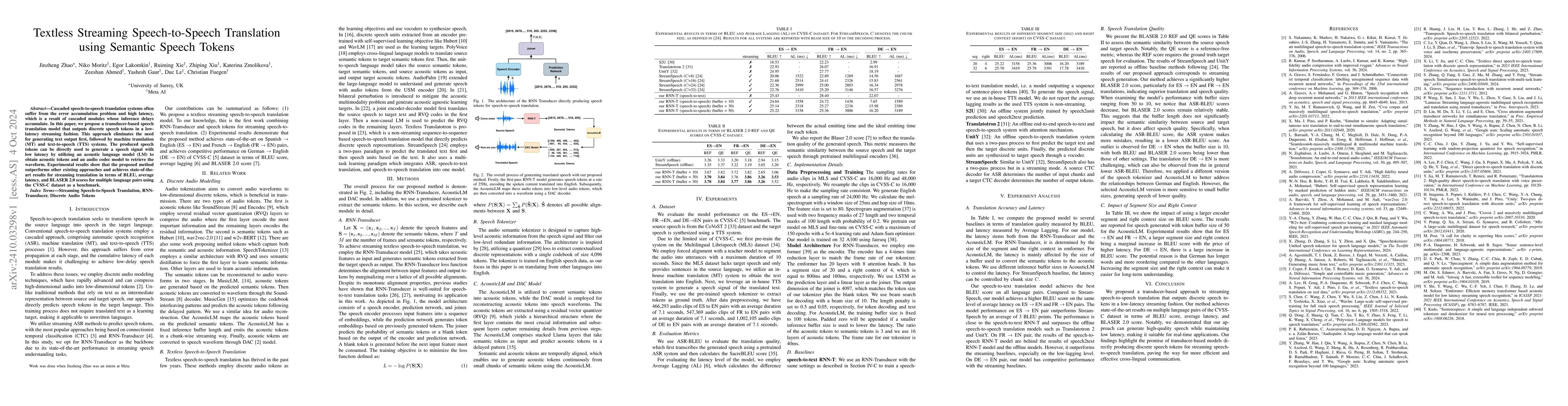 Thumbnail for Textless Streaming Speech-to-Speech Translation using Semantic Speech
  Tokens